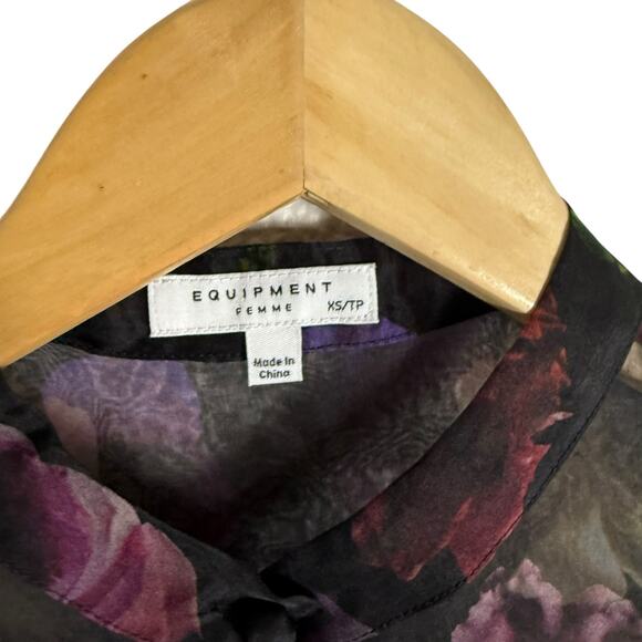 Equipment Femme Boleyn Sheer Silk Blouse True Black Multicolor Floral Size XS - Picture 4 of 11